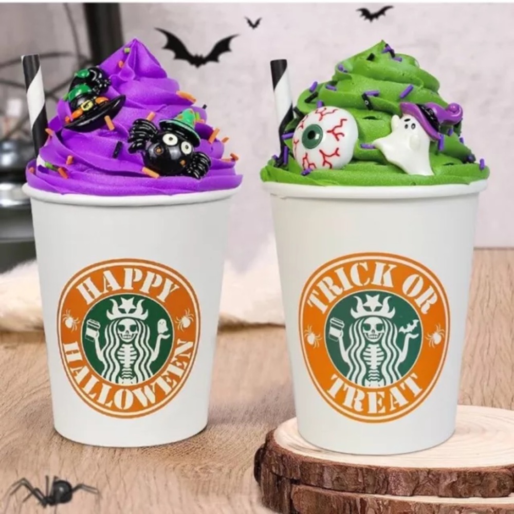 NIB Stumen 2 pack mini Happy Halloween latte cups with faux spiders eyeballs